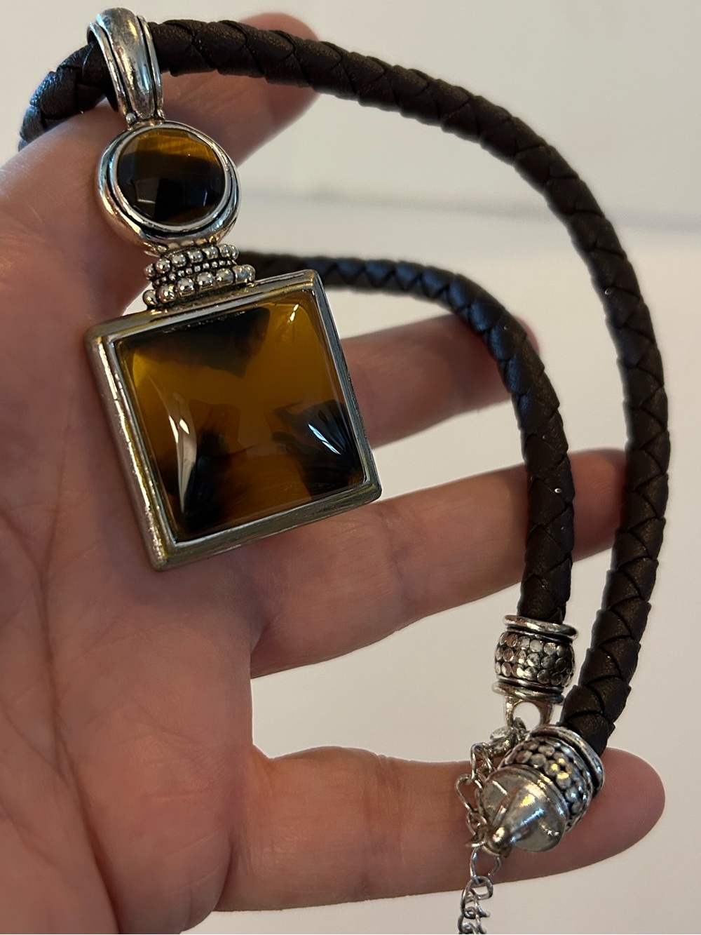 Tortoise shell square Pendant Necklace on dark brown braided cording